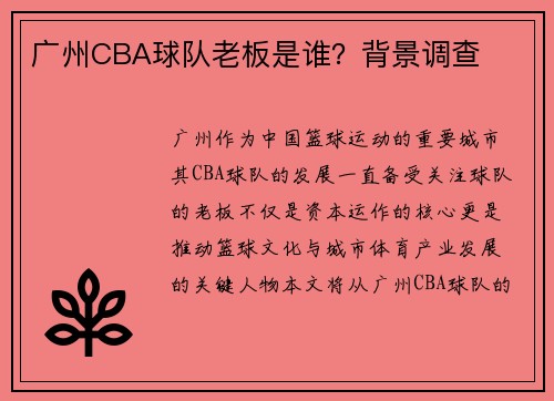 广州CBA球队老板是谁？背景调查